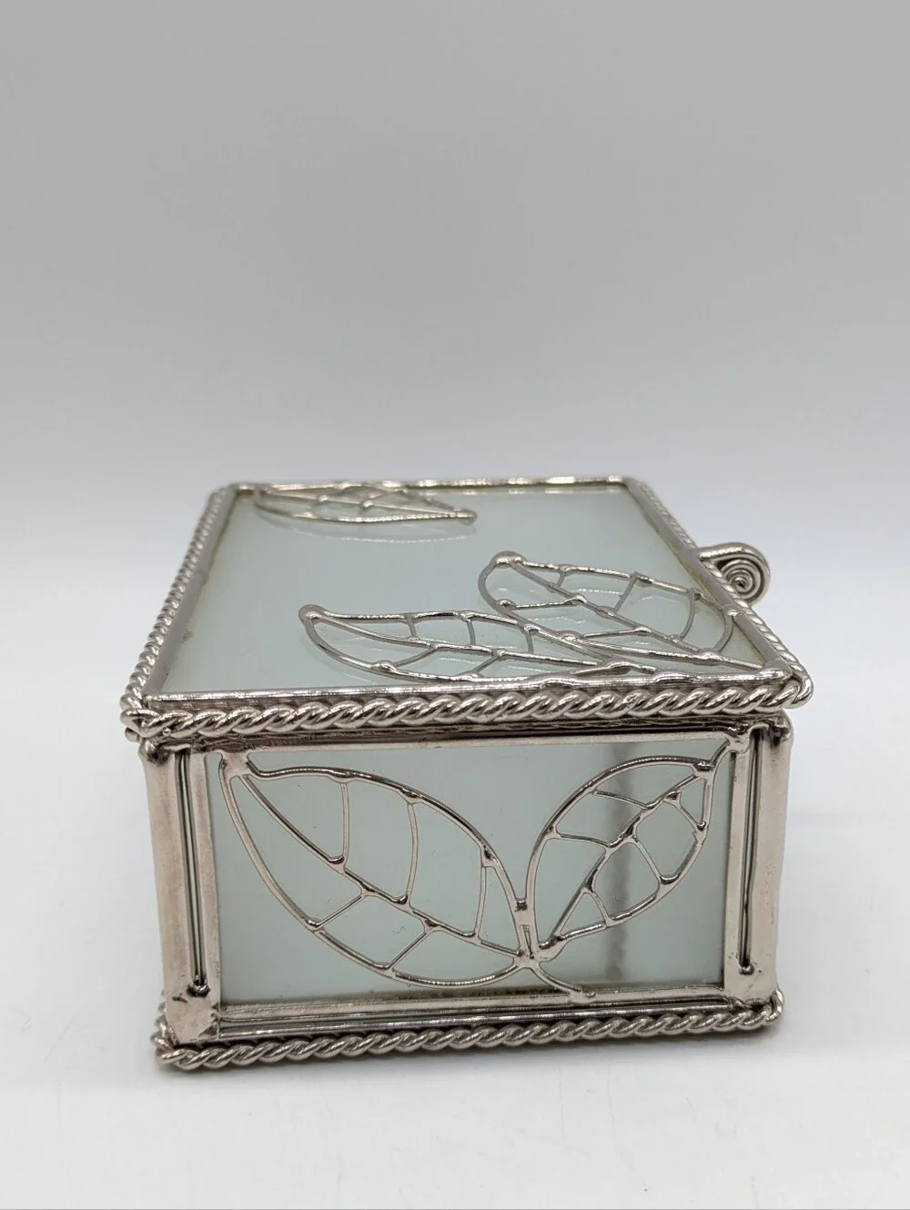 Frosted Glass Metal Leaf Design Rectangular Trinket Box